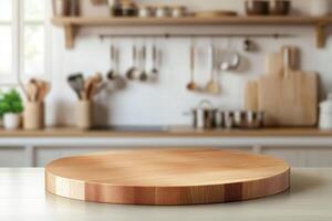 A contemporary kitchen with a clean and bright background, featuring a round wooden tabletop counter with cooking utensils. Perfect for product displays and banners photo