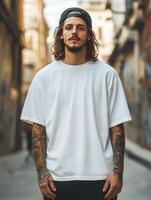 Young man wearing white blank t-shirt mockup, standing on the street photo