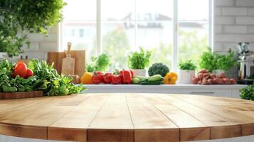 A modern kitchen with a clean and bright background, featuring a round wooden tabletop counter adorned with fresh vegetables. Perfect for product displays and banners photo