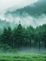 A forest with trees and fog in the background photo