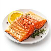 A fresh, raw salmon fillet seasoned with herbs and spices on a white background, highlighting the vibrant orange color and texture of the fish photo