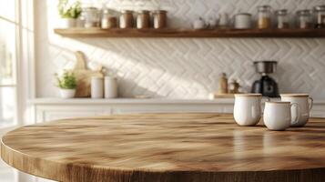 A modern kitchen with a clean and bright background, featuring a round wooden tabletop counter adorned with fresh vegetables. Perfect for product displays and banners photo