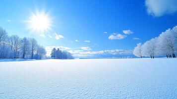 Serene winter landscape with snow-covered trees, a clear blue sky, and fluffy clouds, conveying the beauty and tranquility of a cold, sunny day photo