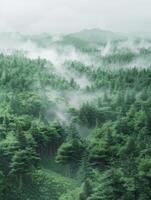 A forest with trees and fog in the background photo