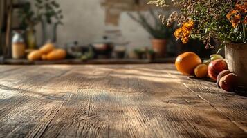 A rustic wooden table showcasing natural textures and a warm, inviting atmosphere. Perfect for e-commerce sites looking for a cozy and organic background with plenty of copy space photo