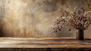 A rustic wooden table showcasing natural textures and a warm, inviting atmosphere. Perfect for e-commerce sites looking for a cozy and organic background with plenty of copy space photo