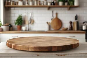 A contemporary kitchen with a clean and bright background, featuring a round wooden tabletop counter with cooking utensils. Perfect for product displays and banners photo