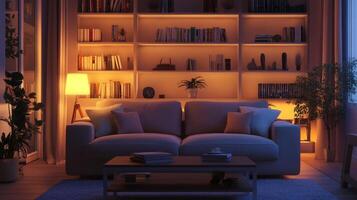 A cozy living room featuring a comfortable sofa, coffee table, and soft lighting photo