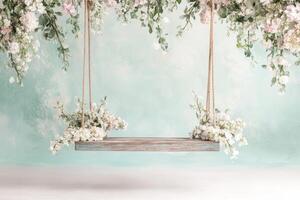 A whimsical digital composite background with a wooden swing adorned with soft floral accents in delicate pastel hues, perfect for newborn photography and text placement photo