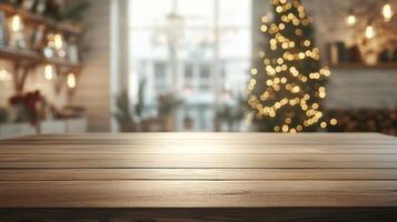 An empty wooden table with pleasant illumination and seasonal decorations blurred in a very smooth background photo