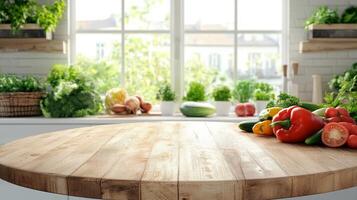 A modern kitchen with a clean and bright background, featuring a round wooden tabletop counter adorned with fresh vegetables. Perfect for product displays and banners photo