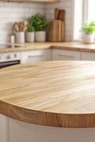 Beautiful round wood tabletop counter inside, empty, with a bright, clean kitchen background. Ideal for banners and product montage displays. photo