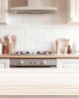kitchen countertop with light wood cabinets in the background, close-up of empty space for product display photo