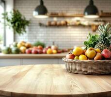 Beautiful round wood tabletop counter inside, empty, with a bright, clean kitchen background. Ideal for banners and product montage displays. photo