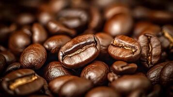 A detailed close-up of coffee beans, showcasing their texture and rich brown color, with a softly blurred background. Perfect for backgrounds and product placements photo