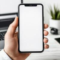 mockup of a blank white cell phone screen. texting while holding a mobile device at an office workstation. background void for advertising. work personnel in contact photo