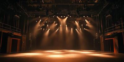 A spectacular lighting design with many spotlights illuminating the stage floor adorns an empty theater stage. A dark background sets the mood and draws attention to the stage area photo