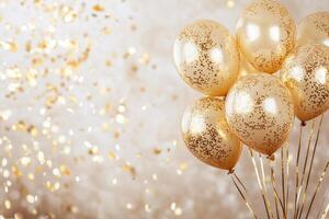 Gold confetti and balloons create a festive background. Excellent backdrop for a joyous birthday bash photo
