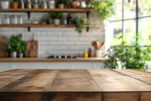 Product montage space on a wooden tabletop with a hazy interior background of a kitchen counter photo