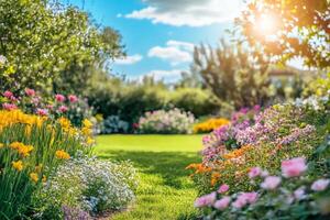 A beautiful spring garden with colorful flowers and lush greenery, perfect for springtime promotions and seasonal marketing photo