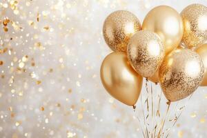 Gold confetti and balloons create a festive background. Excellent backdrop for a joyous birthday bash photo