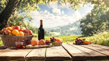 An inviting outdoor picnic scene with a wooden table, a basket of fresh fruits, and a bottle of wine. The scenic nature background enhances the feeling of relaxation and enjoyment photo