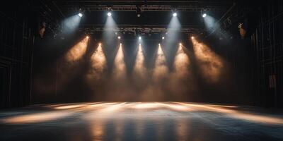 A spectacular lighting design with many spotlights illuminating the stage floor adorns an empty theater stage. A dark background sets the mood and draws attention to the stage area photo
