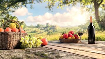 An inviting outdoor picnic scene with a wooden table, a basket of fresh fruits, and a bottle of wine. The scenic nature background enhances the feeling of relaxation and enjoyment photo