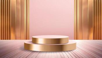 3d rendering pink and gold podium platform for social media cosmetic product showcase on geometric cylinder shapes in sparkle light with curtain wall on wooden floor photo