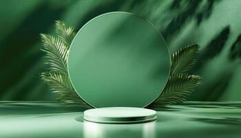 3d rendering green podium platform for social media cosmetic product showcase on geometric cylinder shapes and glass mirror background in natural sunlight with palm leaf. Christmas holiday photo