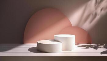 3d rendering white podium platform for social media cosmetic product showcase on pink geometric cylinder shapes and background in natural sunlight with leaf shadow photo