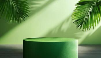 3d rendering green podium platform for social media cosmetic product showcase on geometric cylinder shapes and background in natural sunlight with palm leaf. Christmas holiday photo