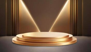 3d rendering golden podium platform for social media cosmetic product showcase on geometric cylinder shapes in sparkle light with curtain wall on dark floor. Hitech and technology concept photo