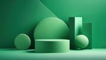 3d rendering green podium platform for social media cosmetic product showcase on geometric cylinder and rectangle shapes greenery background in studio. christmas holiday photo