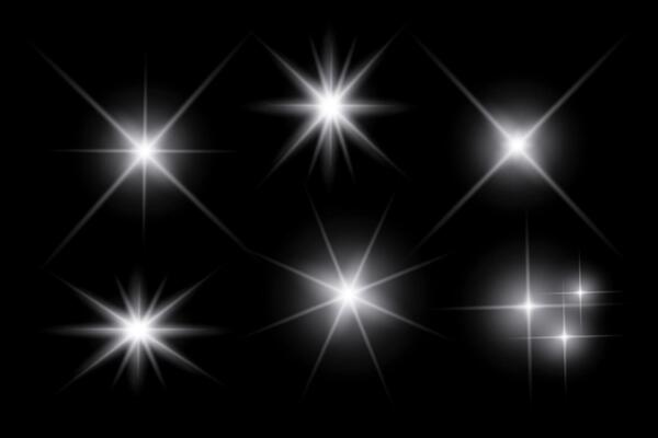 White sparkle lights, light effects, sunlight lens flare, ray beams, sparkling starsicon on black background.