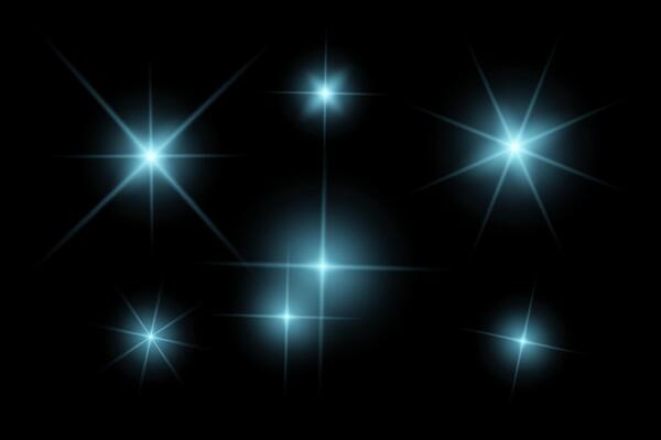 blue sparkle lights, flashing lights, light effects, sunlight flare, glowing ray beams, sparkling starsicon on black background.