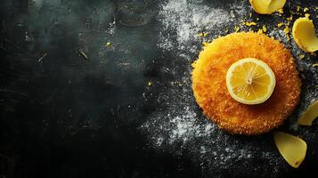 Top view of Argentinian milanesa with lemon, using the rule of thirds, with ample copy space, crispy and zesty, high-quality image photo