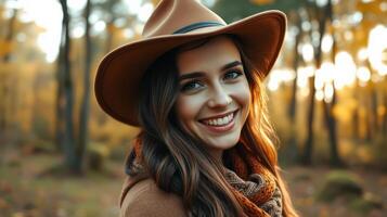A woman in a hat smiles in the woods photo