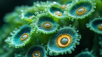 A close up of green and yellow sea anemones photo