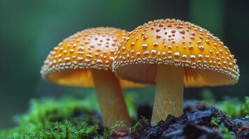 Two yellow mushrooms are sitting on top of moss photo