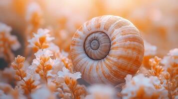 A snail shell in a field of flowers photo