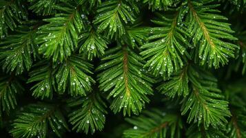 A close up of a green pine tree with water droplets photo
