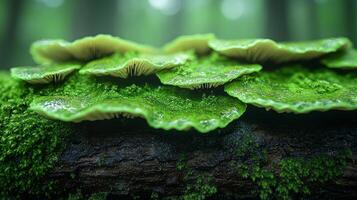 Mushrooms are growing on a log in the forest photo
