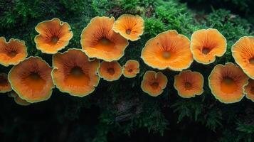A group of orange mushrooms growing on a mossy surface photo