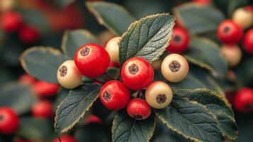 Red and white berries on a bush photo