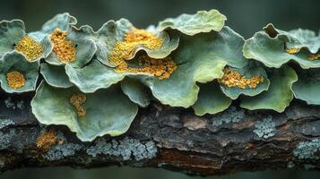 A close up of a mossy branch with green and yellow flowers photo