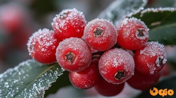 Red berries covered in frost on a tree photo