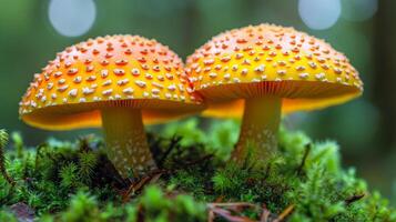 Two orange mushrooms are sitting on top of moss photo