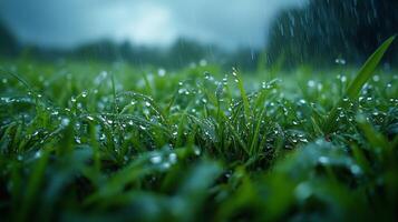Raindrops on grass in the rain photo
