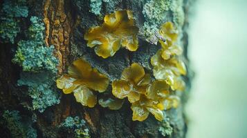 A close up of some yellow flowers growing on a tree photo